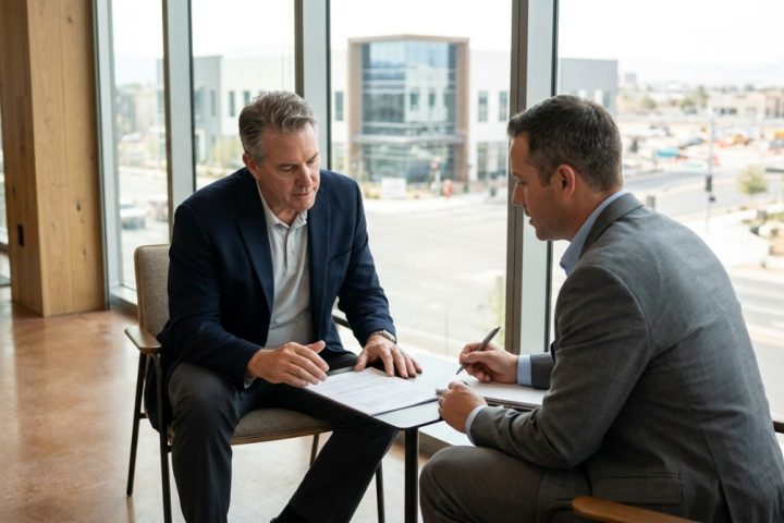 Two men in suits discuss documents in an office with large windows overlooking commercial property.
