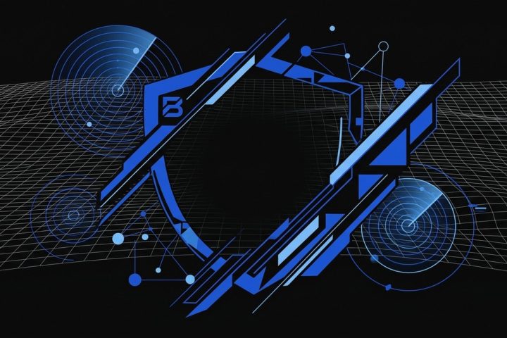 Blue futuristic shield with a "B" logo, surrounded by radar scans and a grid on a black background.