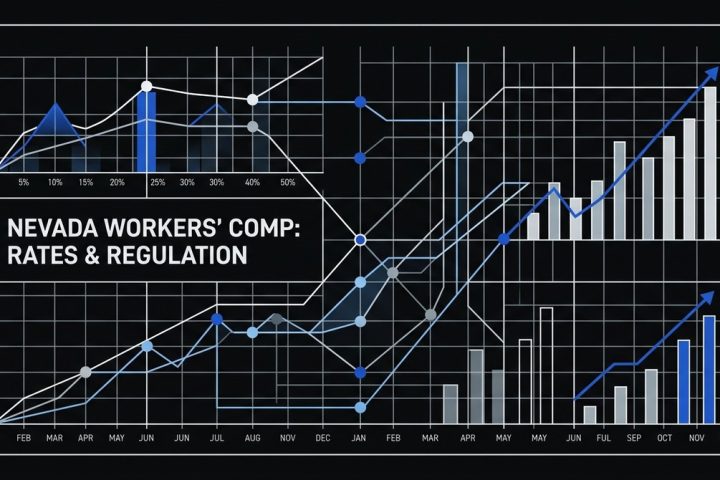 A dark background with multiple blue and white line graphs and bar charts showing Nevada workers' compensation updates.