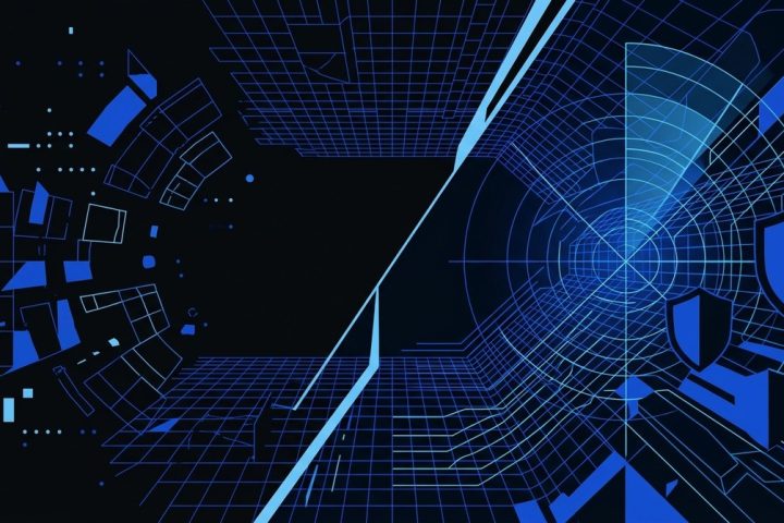 Blue digital grid lines and geometric shapes on a black background, with two shield icons.