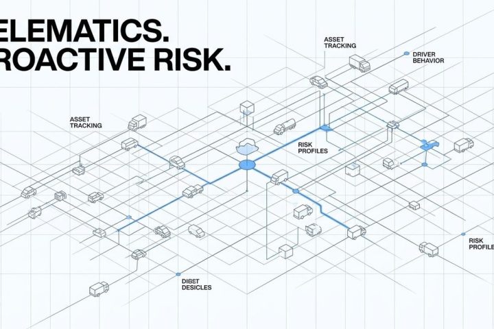Isometric diagram showing vehicles connected by lines to a central cloud, representing telematics and risk profiles.