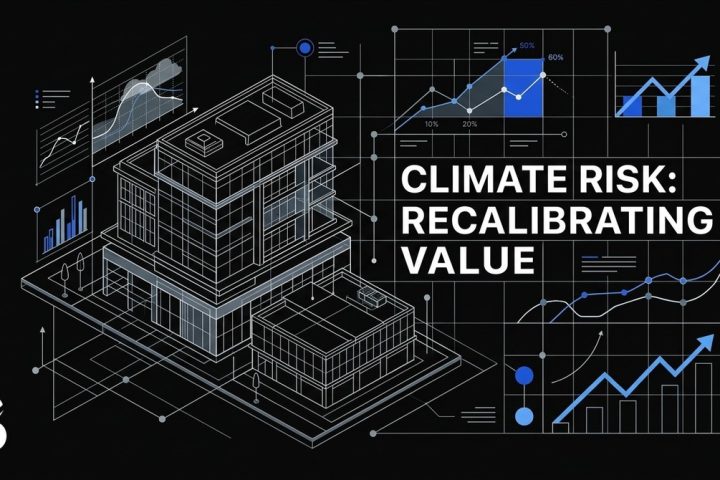 Wireframe commercial property with various data charts and text: "CLIMATE RISK: RECALIBRATING VALUE.