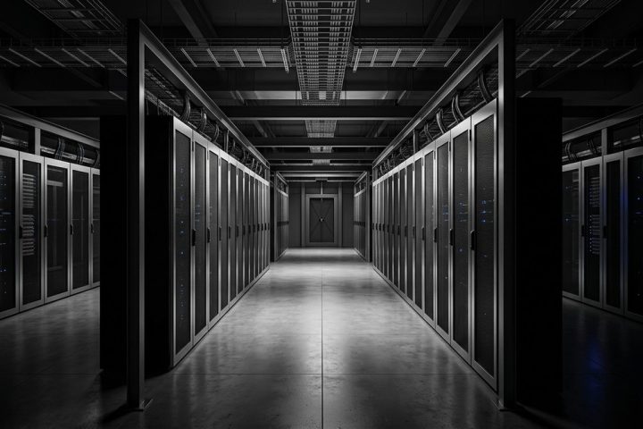 A dark, long server room with rows of black server racks extending to a closed door at the end.