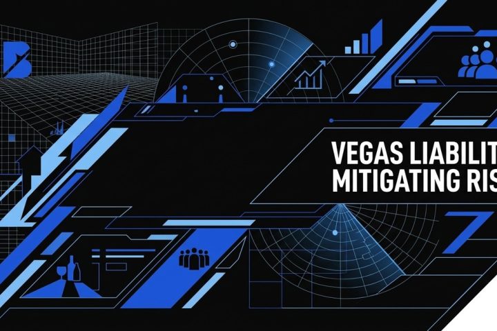 Blue and black digital graphic with text "VEGAS LIABILITY: MITIGATING RISK" and icons representing hospitality liability risk