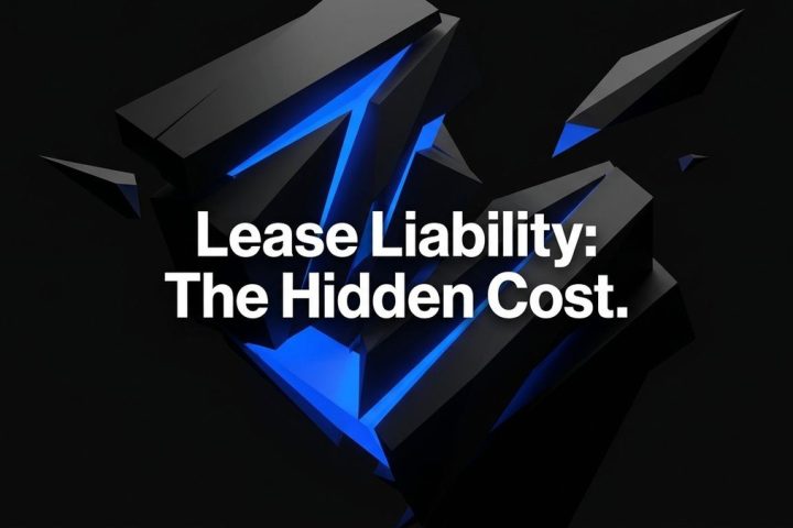 Abstract black geometric shapes with glowing blue lines, and white text: "Lease Liability: The Hidden Cost.